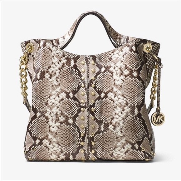 Michael Kors Astor Studded Leather Carryall Large Satchel Bag Snakeskin - Picture 1 of 8